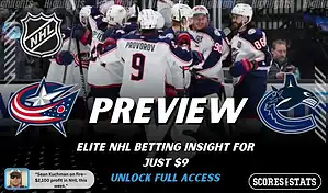 Columbus Blue Jackets vs Vancouver Canucks hockey preview graphic with Blue Jackets and Canucks logos and players celebrating on the ice