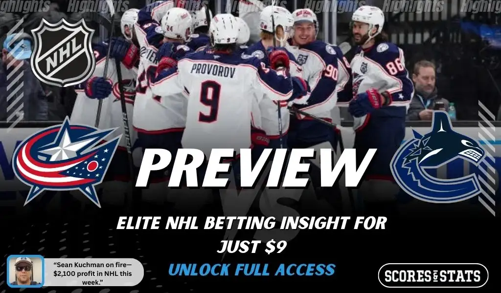 Columbus Blue Jackets vs Vancouver Canucks hockey preview graphic with Blue Jackets and Canucks logos and players celebrating on the ice