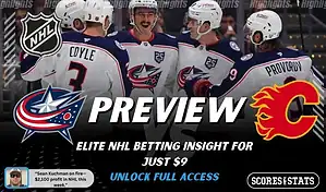 Columbus Blue Jackets versus Calgary Flames NHL preview graphic with team logos and Scores and Stats branding January 13 2026