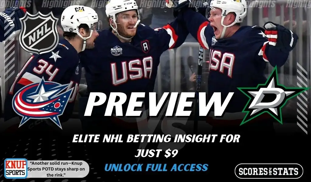 Columbus Blue Jackets and Dallas Stars preview graphic with team logos and hockey players promoting NHL picks and betting insight January 22 2026