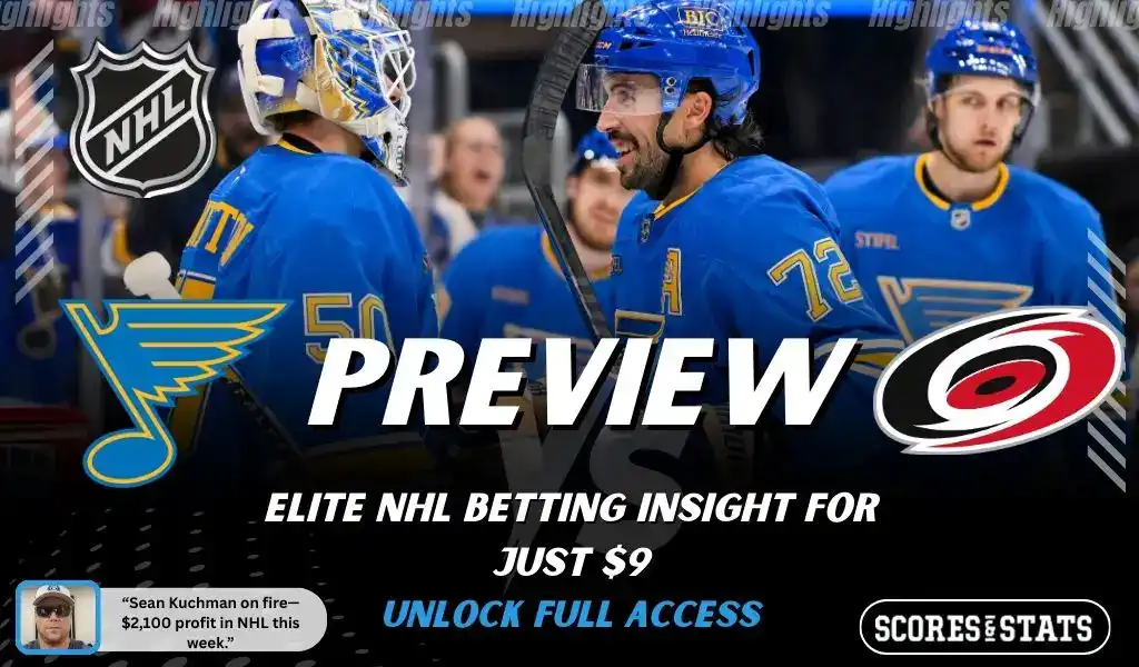 St Louis Blues versus Carolina Hurricanes NHL preview graphic with team logos and Scores and Stats branding January 13 2026