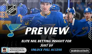 St Louis Blues vs Tampa Bay Lightning NHL preview graphic with team logos, “Preview” headline, and ScoresAndStats promo for elite NHL betting insight