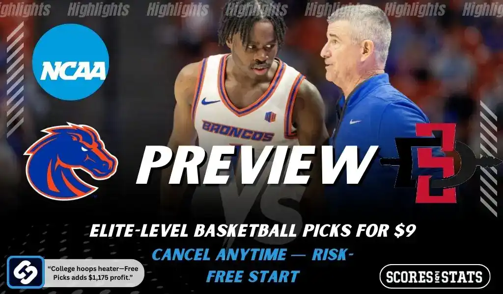 Boise State Broncos vs San Diego State Aztecs NCAA basketball preview graphic with a Broncos player talking to a coach and team logos