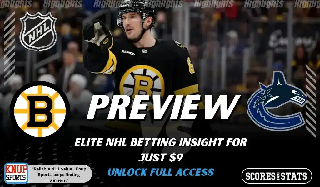 Boston Bruins vs Vancouver Canucks NHL preview graphic with a Bruins player on ice and both team logos