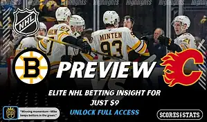 NHL game preview graphic for Boston Bruins vs Calgary Flames with team logos players photo and the word Preview for January 8 2026
