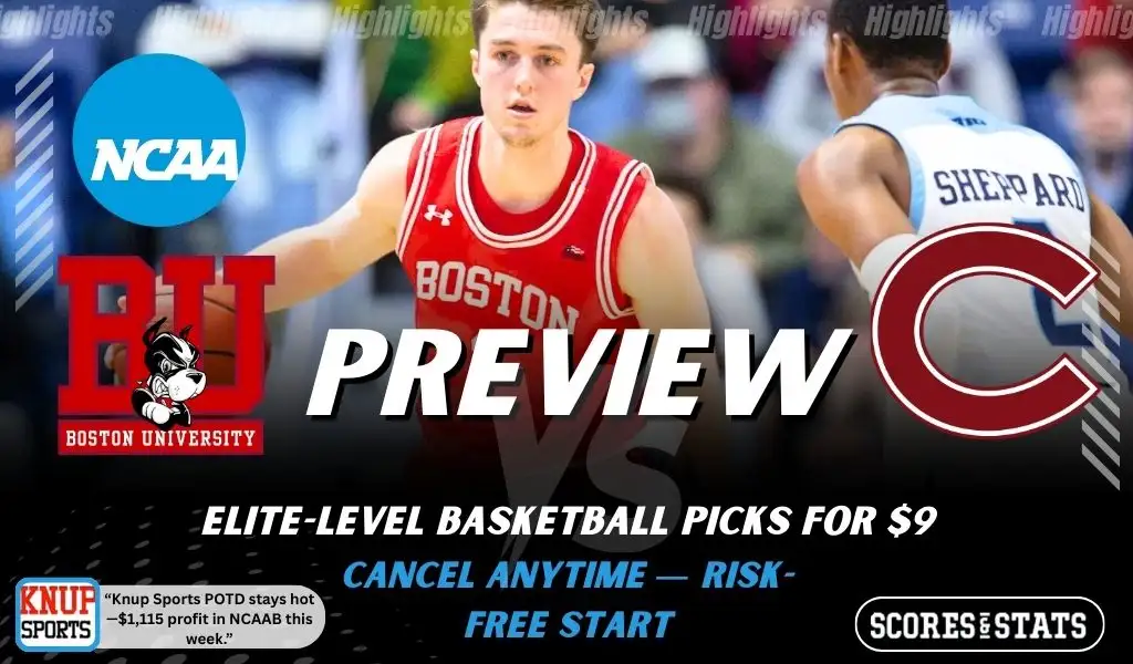 Boston Terriers vs Colgate Raiders preview graphic with team logos and NCAA branding promoting college basketball picks and predictions for January 24 2026