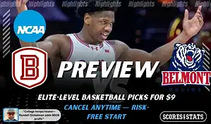 Bradley Braves vs Belmont Bruins NCAA basketball preview graphic with a player celebrating and team logos