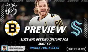 Boston Bruins vs Seattle Kraken hockey preview graphic with Bruins and Kraken logos and a Bruins player smiling in the background