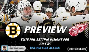 Boston Bruins versus Detroit Red Wings NHL preview graphic with team logos and Scores and Stats branding January 13 2026