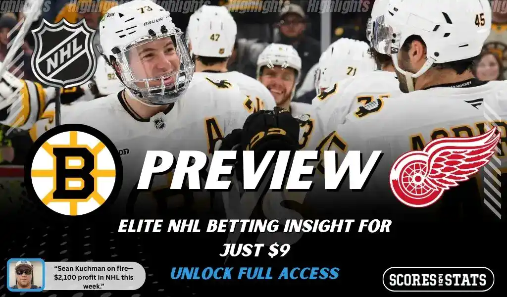 Boston Bruins versus Detroit Red Wings NHL preview graphic with team logos and Scores and Stats branding January 13 2026
