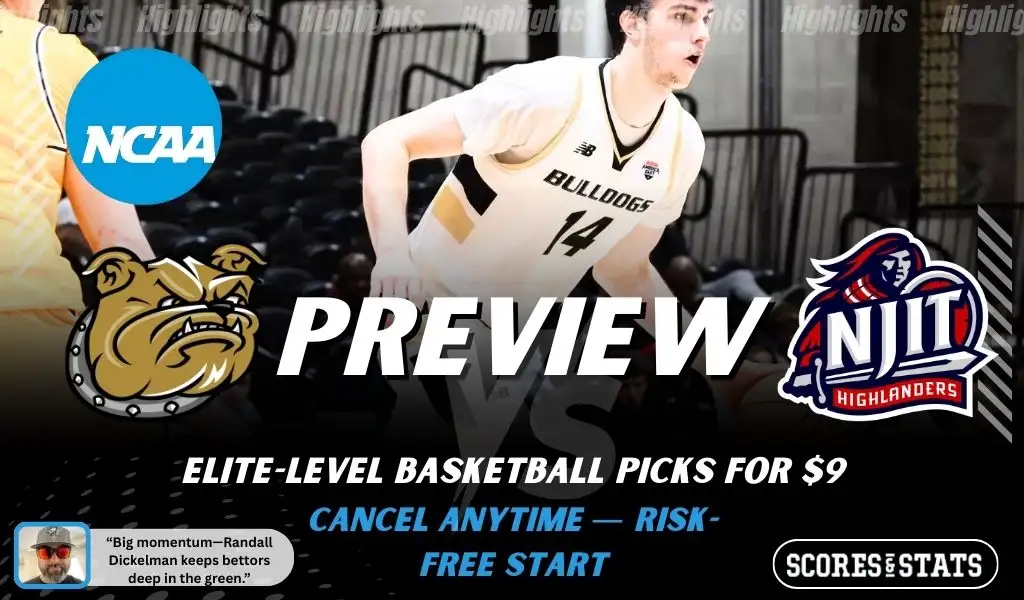 Bryant Bulldogs vs NJIT Highlanders college basketball preview graphic with a Bryant player and both team logos for January 19 2026
