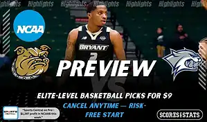 Bryant Bulldogs vs New Hampshire Wildcats preview graphic with both team logos, “Picks and Predictions” label, and Bryant Bulldogs basketball action background (January 31, 2026).