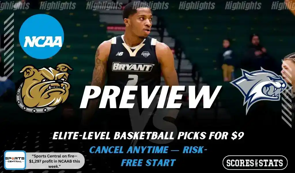 Bryant Bulldogs vs New Hampshire Wildcats preview graphic with both team logos, “Picks and Predictions” label, and Bryant Bulldogs basketball action background (January 31, 2026).