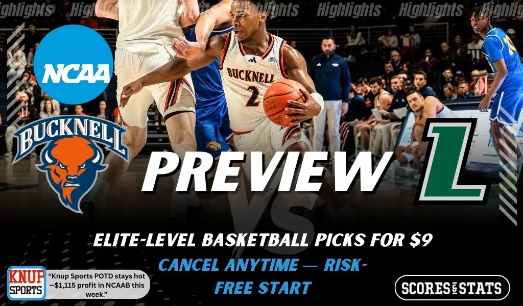 Bucknell Bison vs Loyola Maryland Greyhounds preview graphic with team logos and NCAA branding promoting college basketball picks and predictions for January 24 2026