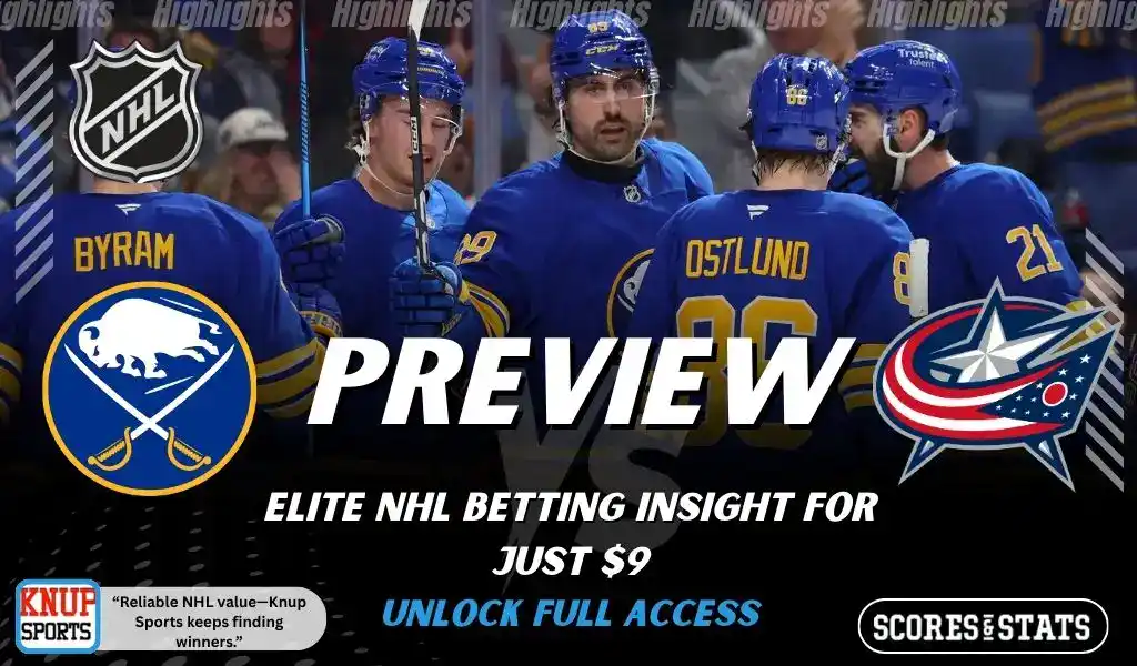 Buffalo Sabres vs Columbus Blue Jackets NHL preview graphic with Sabres players celebrating and both team logos