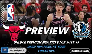 Chicago Bulls versus Dallas Mavericks NBA preview graphic with team logos and Scores and Stats branding January 10 2026