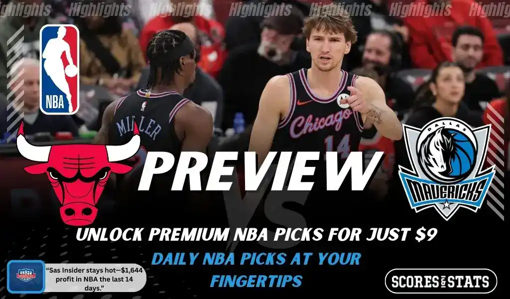 Chicago Bulls versus Dallas Mavericks NBA preview graphic with team logos and Scores and Stats branding January 10 2026