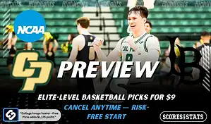 Cal Poly Mustangs vs Long Beach State Beach NCAA basketball preview graphic with a Cal Poly player celebrating and team logos