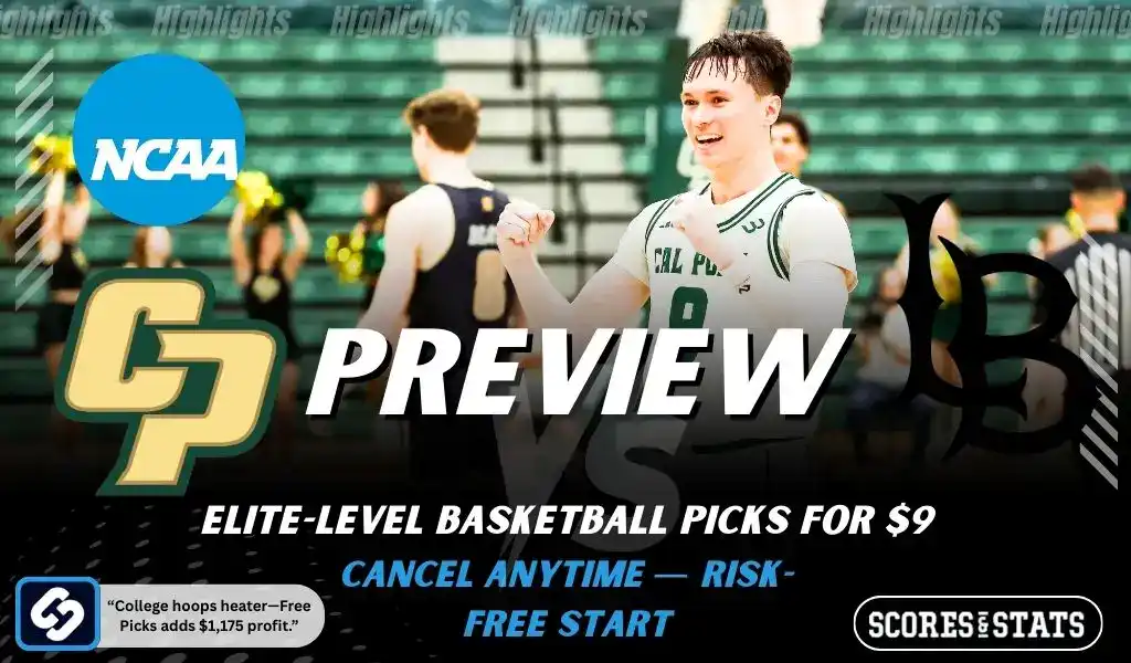 Cal Poly Mustangs vs Long Beach State Beach NCAA basketball preview graphic with a Cal Poly player celebrating and team logos