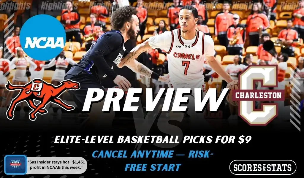 Campbell Fighting Camels vs Charleston Cougars college basketball preview graphic showing two players in action with both team logos for January 22 2026