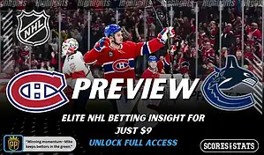 Montreal Canadiens versus Vancouver Canucks NHL preview graphic with team logos and Scores and Stats branding January 12 2026