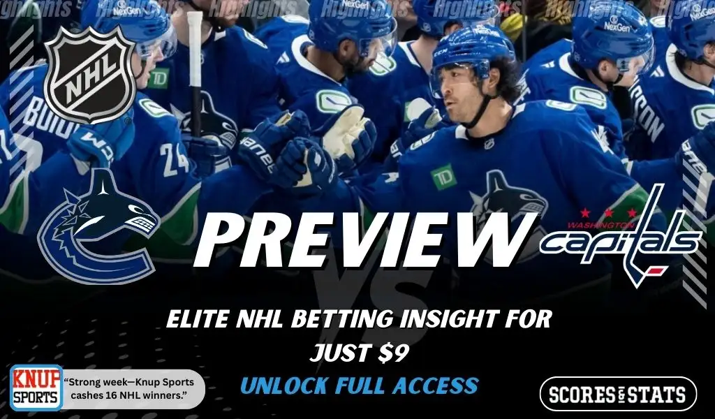 Vancouver Canucks vs Washington Capitals NHL preview graphic showing Canucks players on the bench with both team logos for January 21 2026