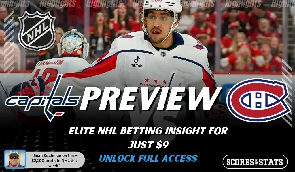 Washington Capitals versus Montreal Canadiens NHL preview graphic with team logos and Scores and Stats branding January 13 2026