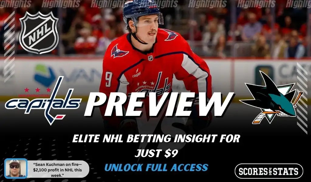 Washington Capitals vs San Jose Sharks hockey preview graphic with Capitals and Sharks logos and a Capitals player skating in the background