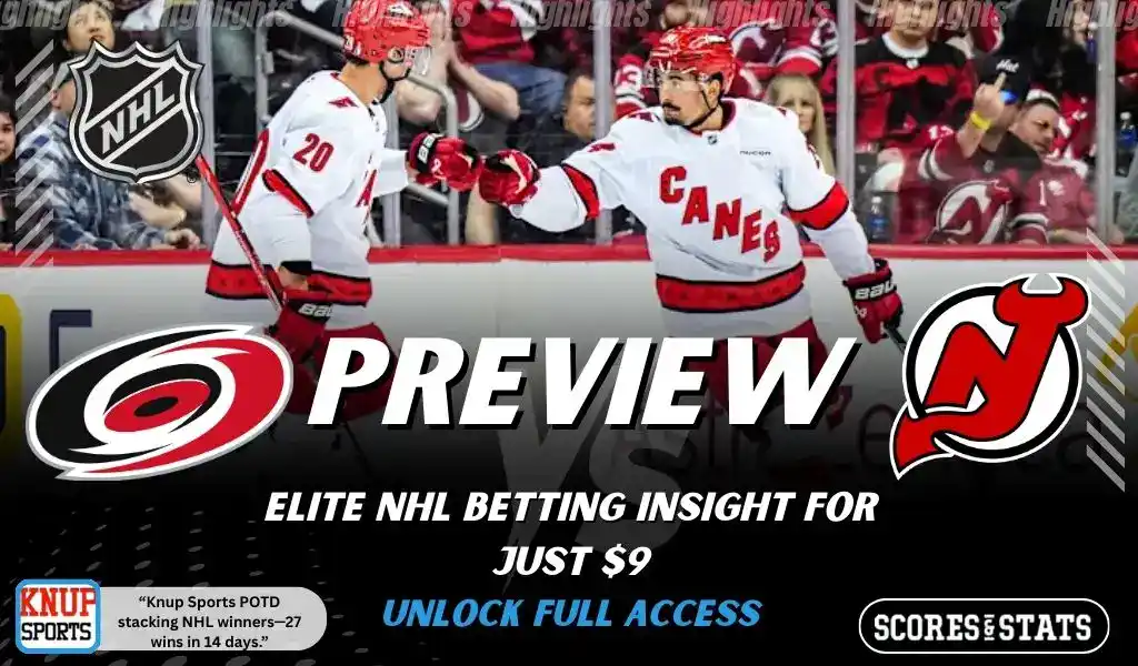 NHL game preview graphic for Carolina Hurricanes vs New Jersey Devils with team logos players photo and the word Preview for January 4 2026