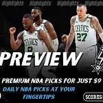 Boston Celtics versus San Antonio Spurs NBA preview graphic with team logos and Scores and Stats branding January 10 2026