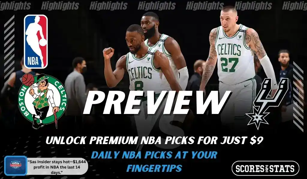 Boston Celtics versus San Antonio Spurs NBA preview graphic with team logos and Scores and Stats branding January 10 2026