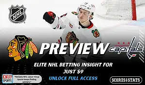 Chicago Blackhawks vs Washington Capitals NHL preview graphic with a Blackhawks player on ice and both team logos
