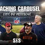 Four football coaches stand on a field with a "Coaching Carousel" graphic above, discussing NFL odds and predictions.