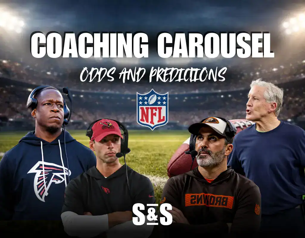 Four football coaches stand on a field with a "Coaching Carousel" graphic above, discussing NFL odds and predictions.