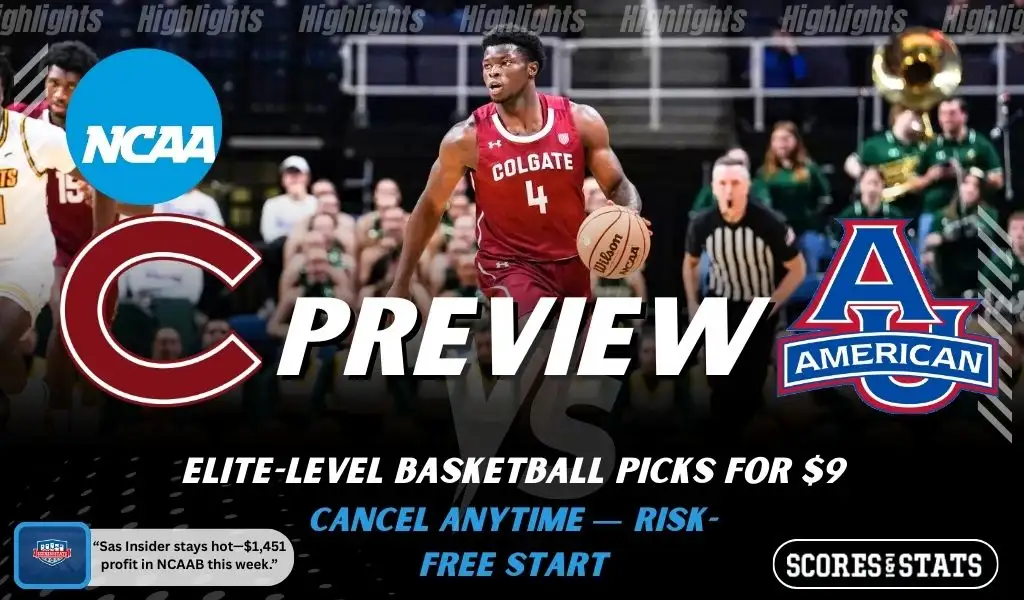Colgate Raiders vs American Eagles college basketball preview graphic with a Colgate player dribbling and both team logos for January 21 2026