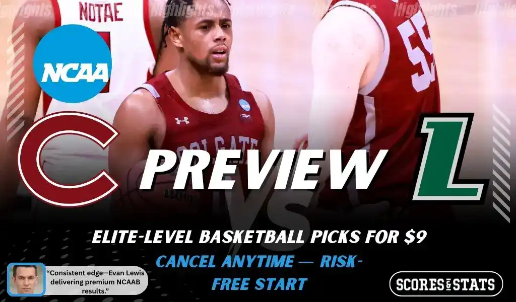 Colgate Raiders versus Loyola Maryland Greyhounds college basketball preview graphic with team logos and Scores and Stats branding January 14 2026