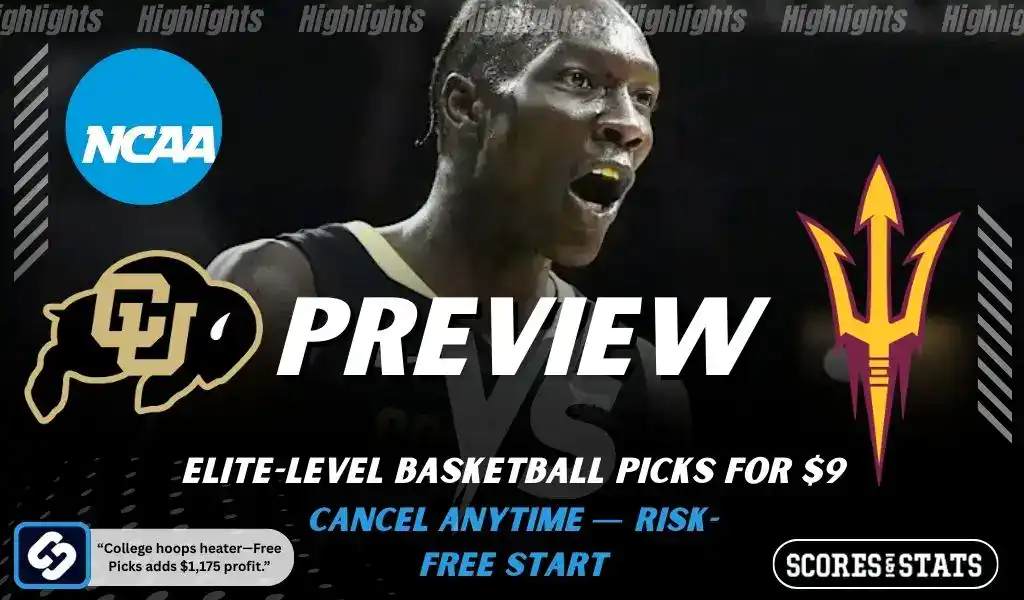 NCAA basketball preview graphic for Colorado Buffaloes vs Arizona State Sun Devils with team logos a player photo and the word Preview for January 3 2026