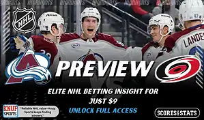 Colorado Avalanche vs Carolina Hurricanes NHL preview graphic with Avalanche players celebrating and both team logos