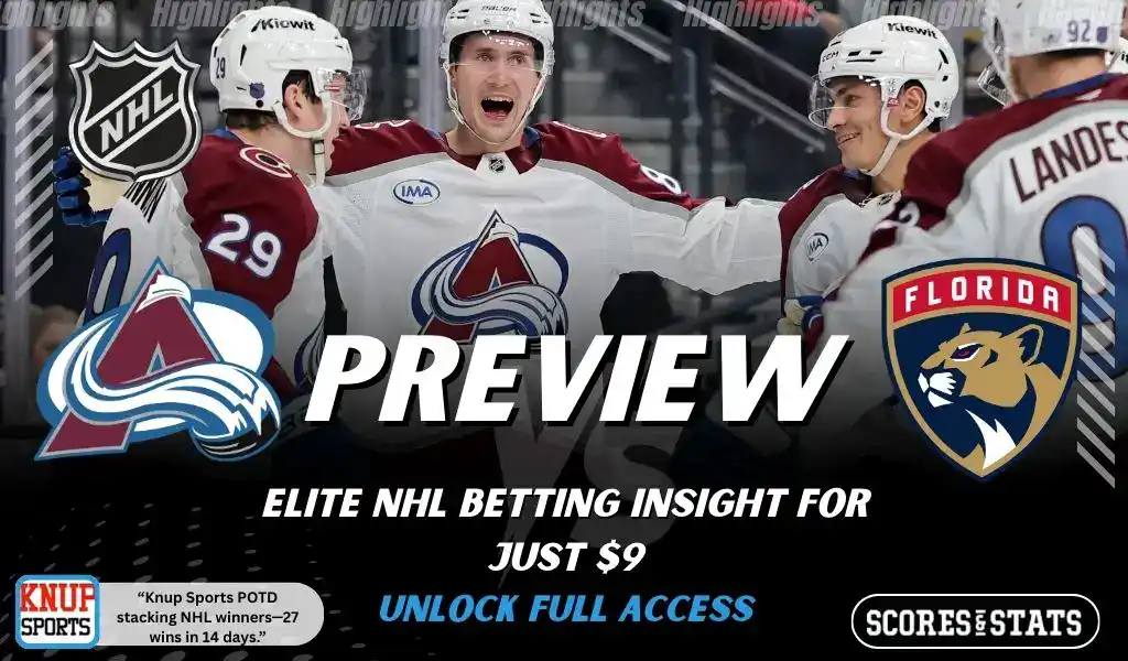 NHL game preview graphic for Colorado Avalanche vs Florida Panthers with team logos players photo and the word Preview for January 4 2026