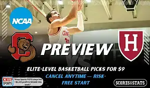 Cornell Big Red vs Harvard Crimson preview graphic with team logos and NCAA branding promoting college basketball picks and predictions for January 24 2026