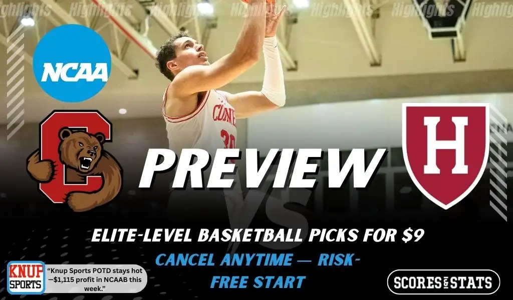 Cornell Big Red vs Harvard Crimson preview graphic with team logos and NCAA branding promoting college basketball picks and predictions for January 24 2026