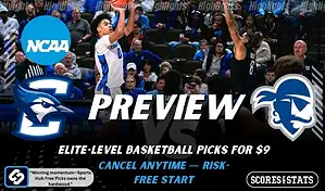 NCAA basketball preview graphic for Creighton Bluejays vs Seton Hall Pirates with team logos game photo and the word Preview for January 4 2026