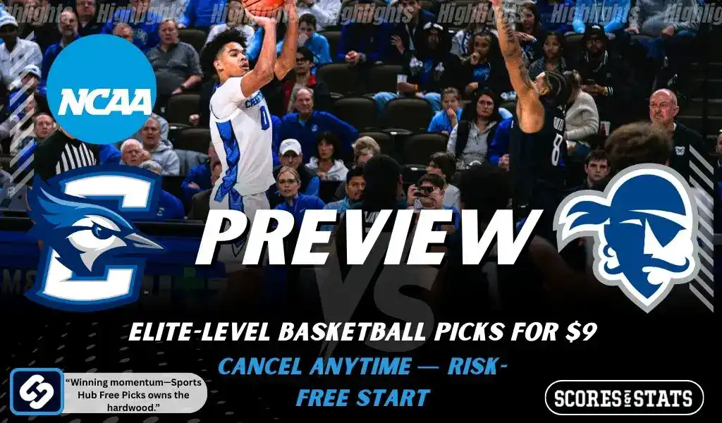 Previews 7 NCAA basketball preview graphic for Creighton Bluejays vs Seton Hall Pirates with team logos game photo and the word Preview for January 4 2026