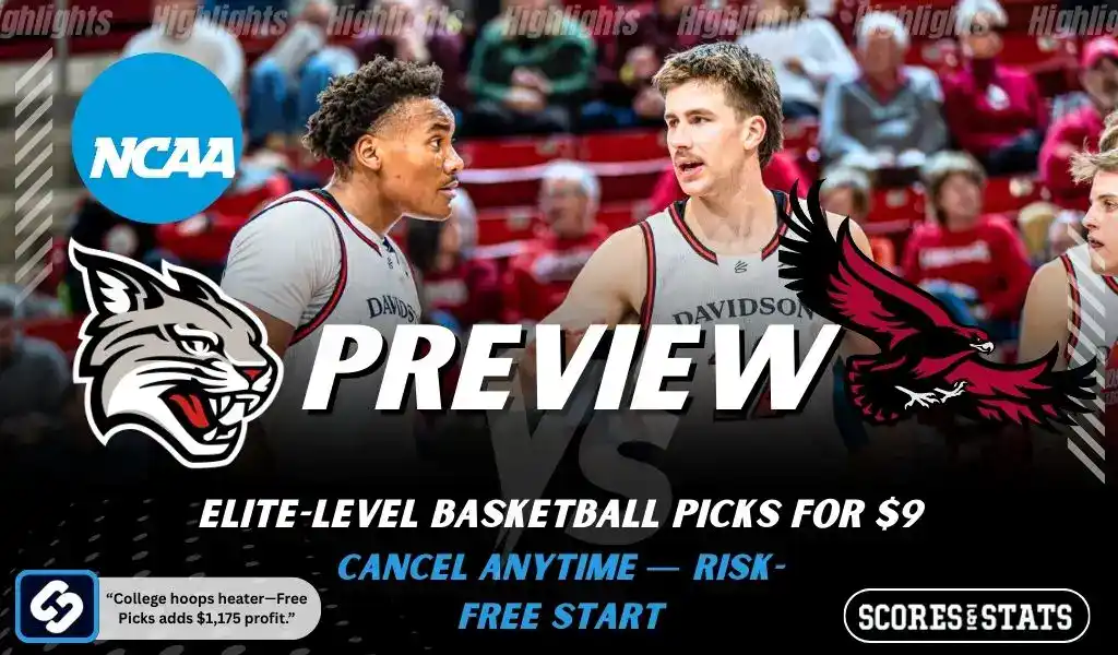 Previews 6 Davidson Wildcats vs Saint Josephs Hawks NCAA basketball preview graphic with Davidson players on court and team logos