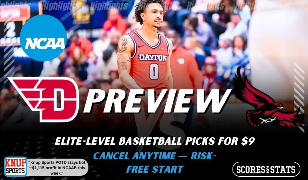 Dayton Flyers vs Saint Josephs Hawks preview graphic with team logos and NCAA branding promoting college basketball picks and predictions for January 24 2026