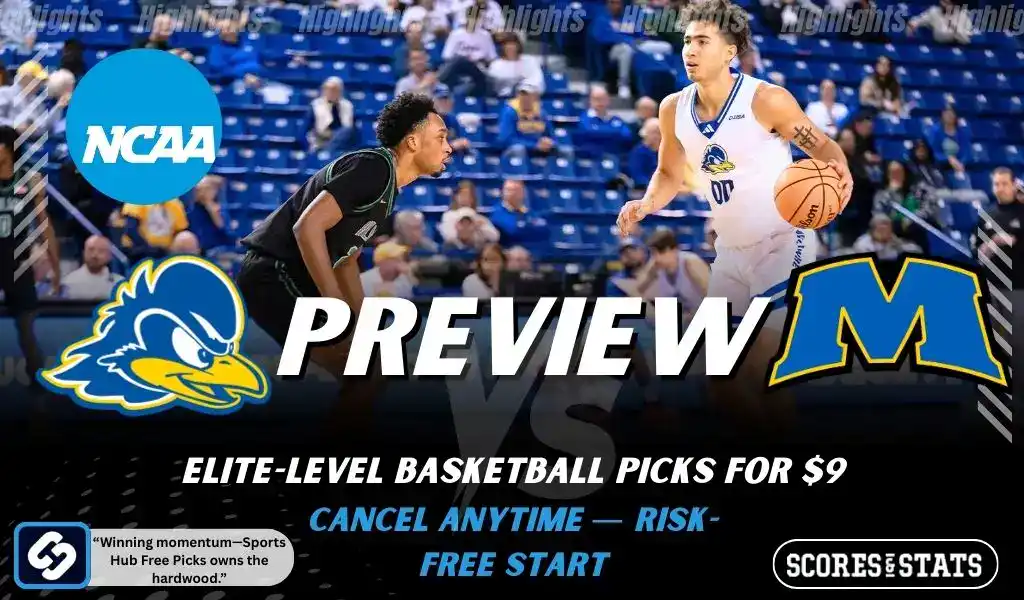 NCAA basketball preview graphic for Delaware Fightin Blue Hens vs Sam Houston Bearkats with team logos game photo and the word Preview for January 8 2026