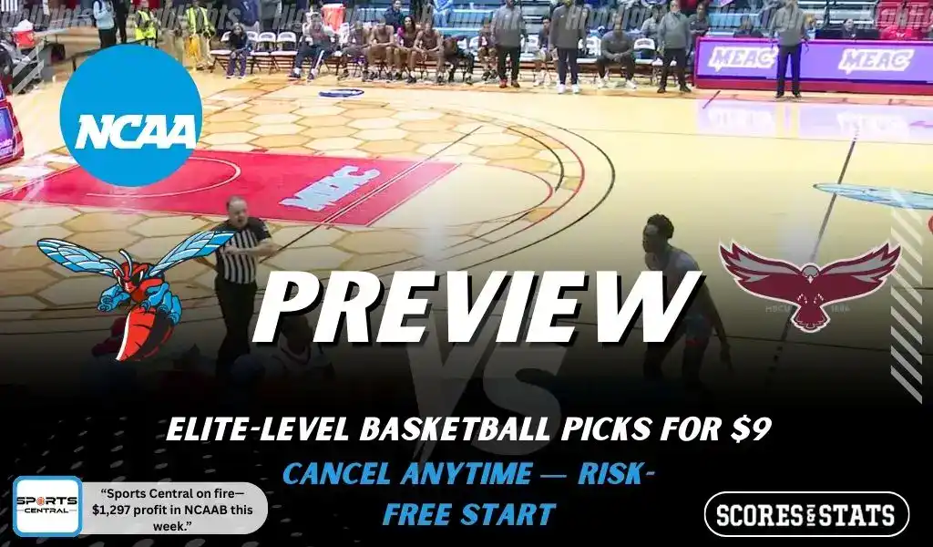 Delaware State Hornets vs Maryland Eastern Shore Hawks preview graphic with both team logos, “Picks and Predictions” label, and Delaware State Hornets basketball action background (January 31, 2026).