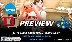 Denver Pioneers vs Kansas City Roos preview graphic with team logos and NCAA branding promoting college basketball picks and predictions for January 28 2026