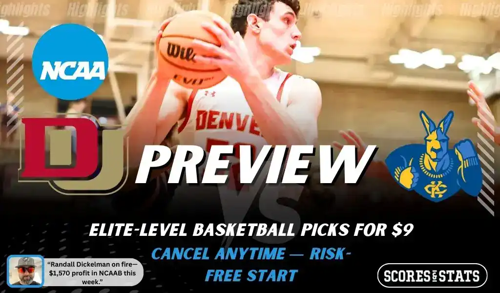 Denver Pioneers vs Kansas City Roos preview graphic with team logos and NCAA branding promoting college basketball picks and predictions for January 28 2026
