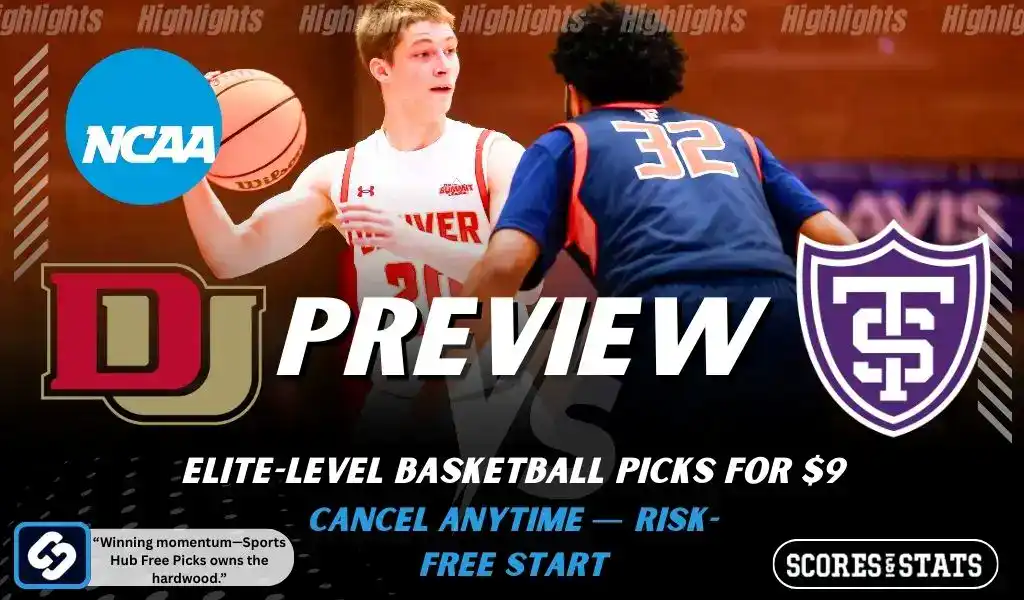 Previews 8 NCAA basketball preview graphic for Denver Pioneers vs St Thomas MN Tommies with team logos game photo and the word Preview for January 4 2026